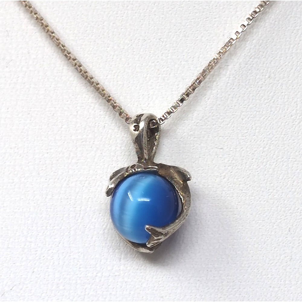 Vtg Sterling Silver 925 Blue Cats Eye Pendant Unmarked Chain Necklace